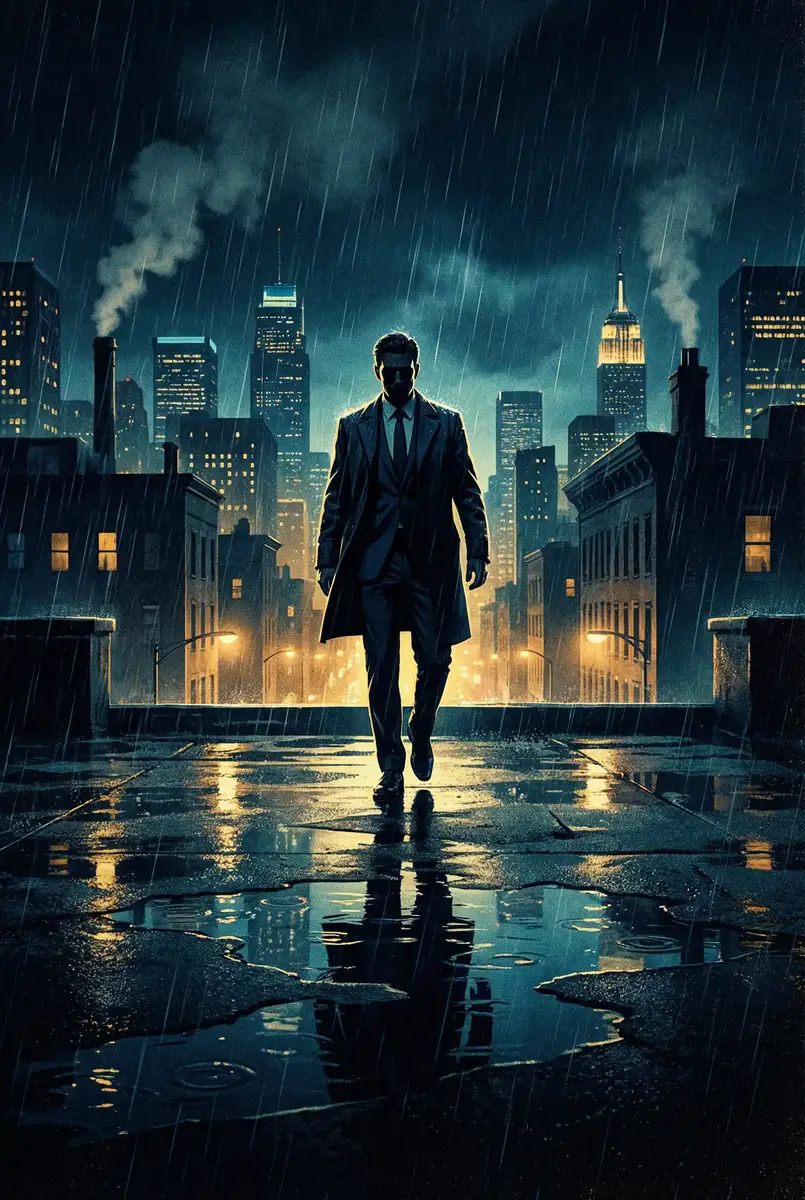 美国十次 出品影片《雨夜独行者》海报，雨中城市屋顶男性剪影